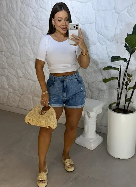 Shorts Jeans Estonado com Strass